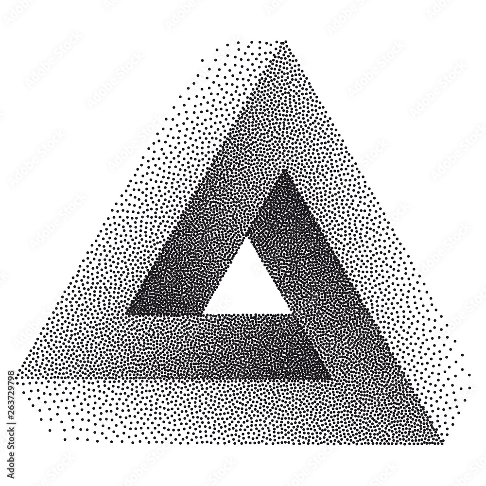Infinity or Impossible Triangle. Penrose triangle with Black Dots. Unreal geometrical symbol for Your Business project. Pointillism. Vector Dotwork Illustration - obrazy, fototapety, plakaty 