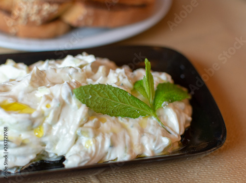 Tzatziki,  sauce from Southeast Europe and Middle East made of salted strained yogurt mixed with cucumbers, garlic, salt, olive oil, vinegar or lemon juice, and dill, mint, parsley and thyme.