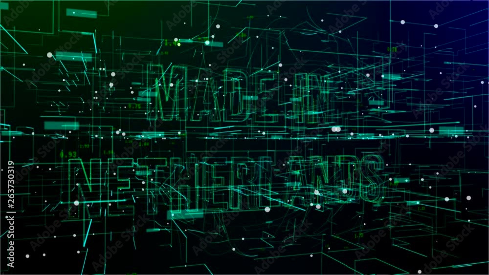 Animation of moving cyberspace with 'Made in Netherlands' text. Information technology concept Animation of moving cyberspace with 'Made in Netherlands' text. Information technology concept