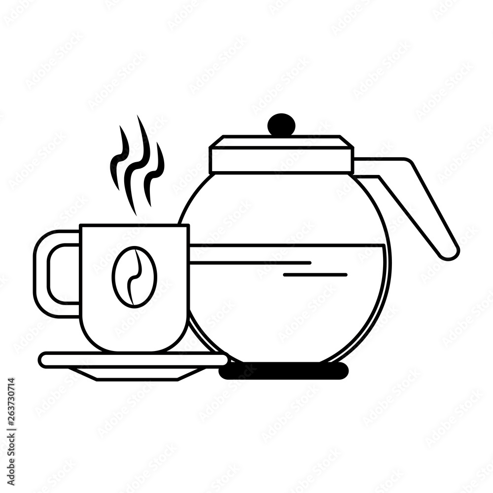 Obraz premium Coffee pot with coffee cup on plate in black and white