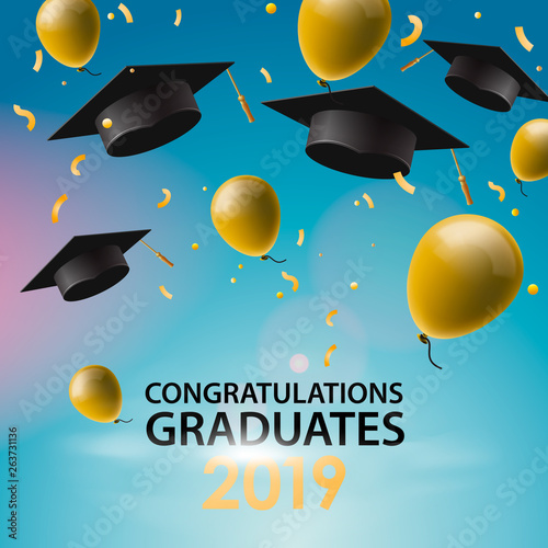 Congratulations Graduates 2019, caps, balloons and confetti on a blue sky background. Caps thrown up. Invitation card with diplomas, vector illustration.