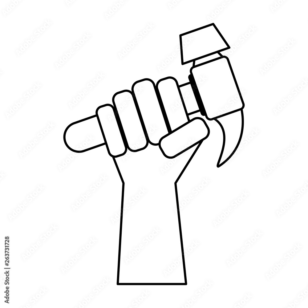 Hand holding tool hammer in black and white Hand holding tool hammer in black and white