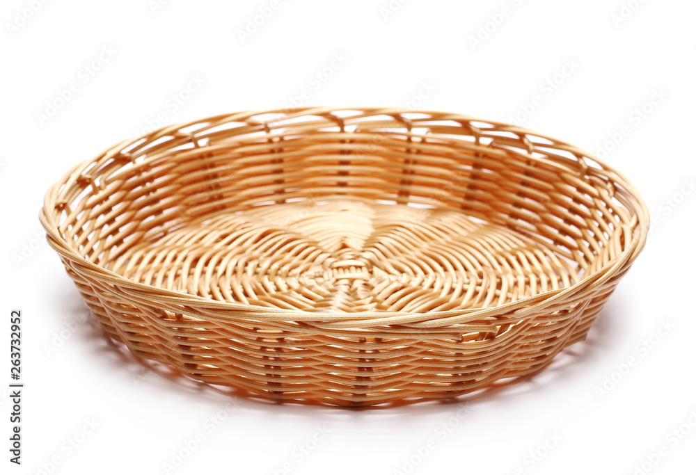 Empty new wooden wicker basket isolated on white background - obrazy, fototapety, plakaty 