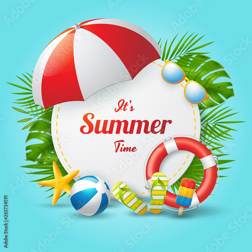 Summer time vector banner design with colorful beach elements. Vector illustration