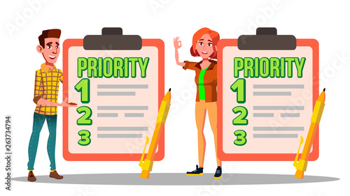Characters Have Priority List Task To Do Vector. Personal Priority Schedule Items Work Planner Of Happy Man And Woman. Clipboard With Checklist And Pens On Image. Flat Cartoon Illustration