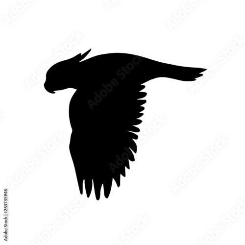 Vector flat black silhouette of flying cockatoo parrot isolated on white background 