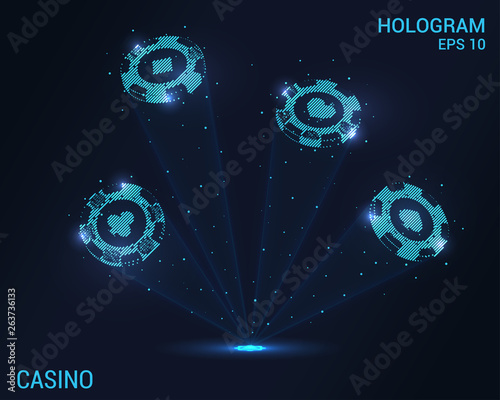 Casino hologram. Holographic projection of casino chips. Flickering energy flux of particles. Scientific design of gambling.