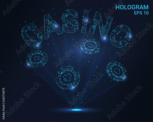 Casino hologram. Holographic projection of casino chips. Flickering energy flux of particles. The scientific design of gambling.