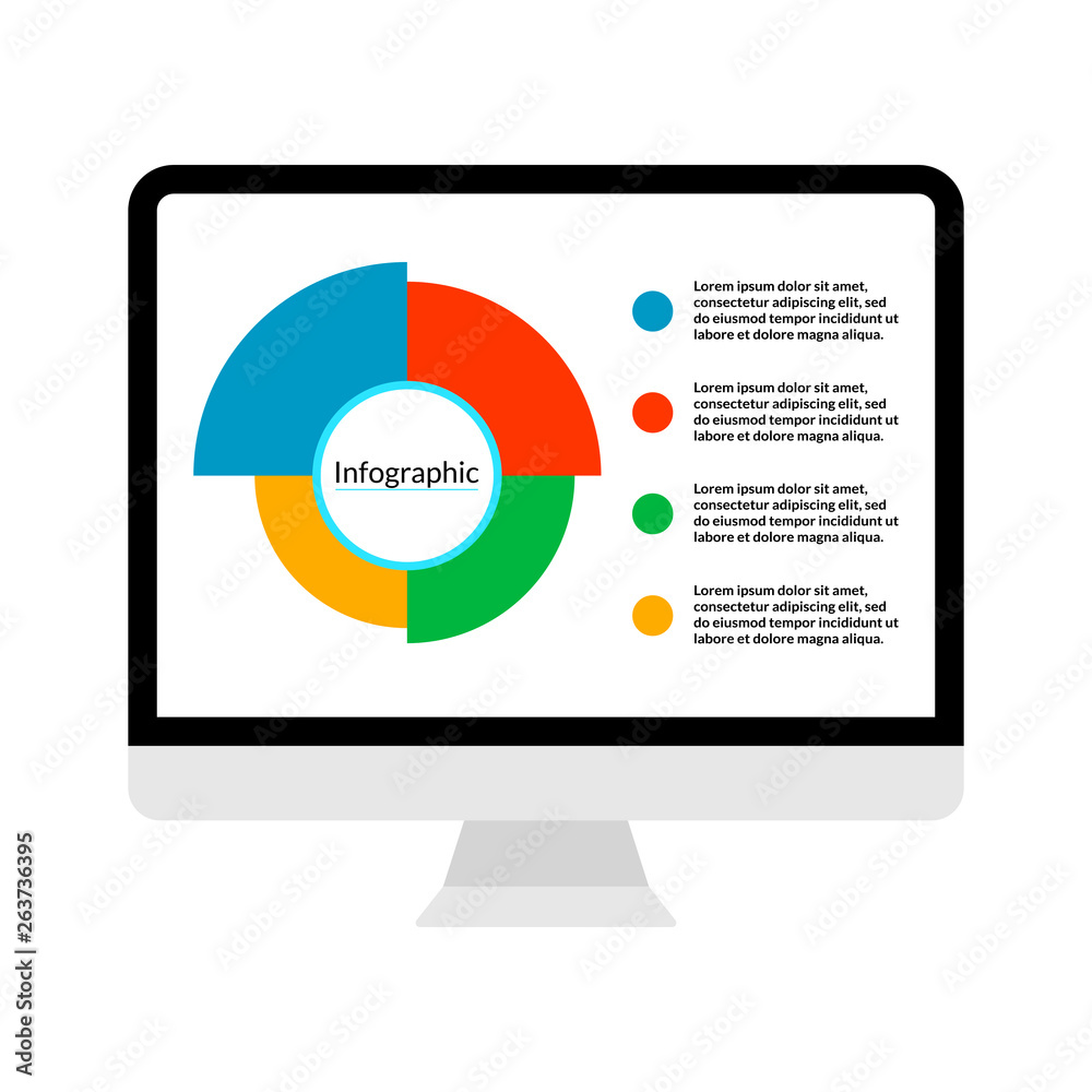 Modern computer display with Infographic diagram data visualization template with 4 options (steps) and place for text. For chart, report, banner, workflow, presentation. Vector EPS 10 illustration