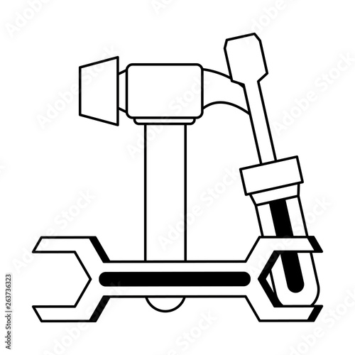 Various tools for repair and construction in black and white