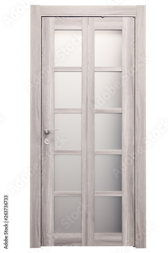 Frontal vertical image closed wooden double door with glass, isolated white background