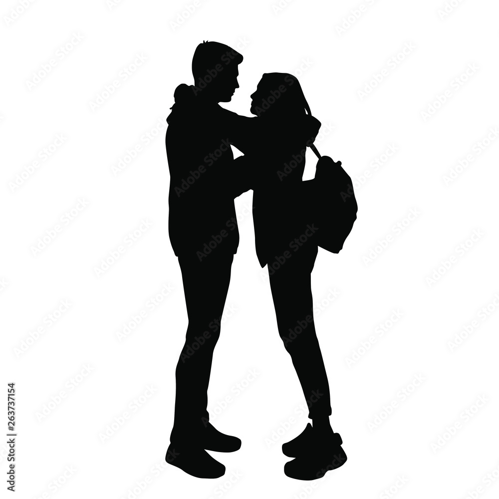 Vector silhouettes man and woman, couple standing lovers profile, romantic relationship of young people, black color, isolated on white background