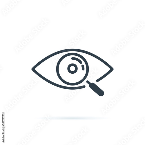 Magnifier with eye outline icon. Find icon, investigate concept symbol. Eye with magnifying glass. Appearance, aspect.
