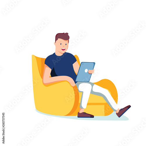 Internet addiction. A waste of time on social networks. A man holds a tablet sitting on the couch. Vector illustration