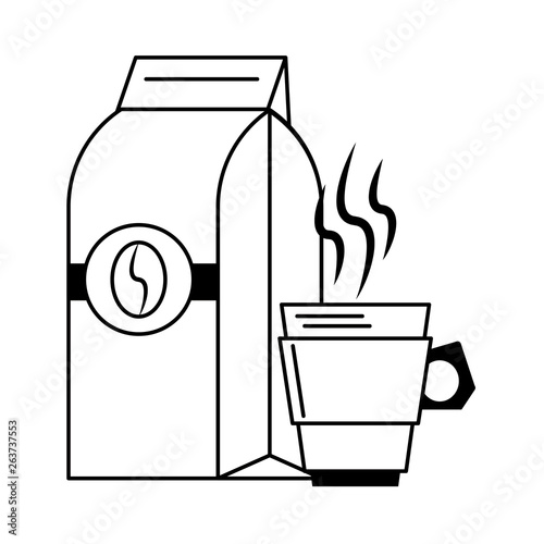 Coffee bag sealed with bean and coffee cup in black and white