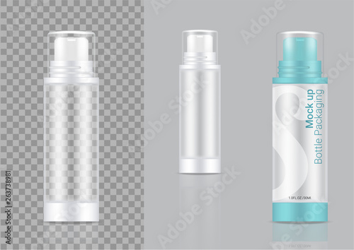 Bottle 3D Mock up Realistic Transparent Foam  Cosmetic or Lotion for Skincare Product Packaging With Blue and Cap on  Background Illustration