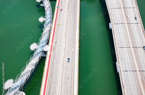 aerial view of Helix bridge and traffic Singapore