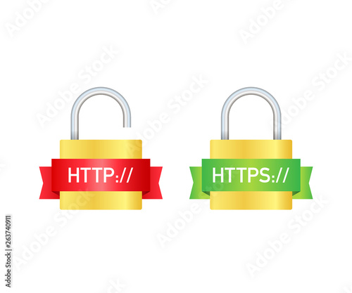 http and https protocols on shield, on white background. Vector illustration