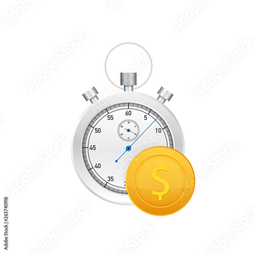 Time is money concept, clock and coin, long term financial investment. Vector illustration.