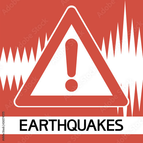  Information sign - an earthquake. Illustrative text poster warning of tremors and vibrations of the earth's surface.