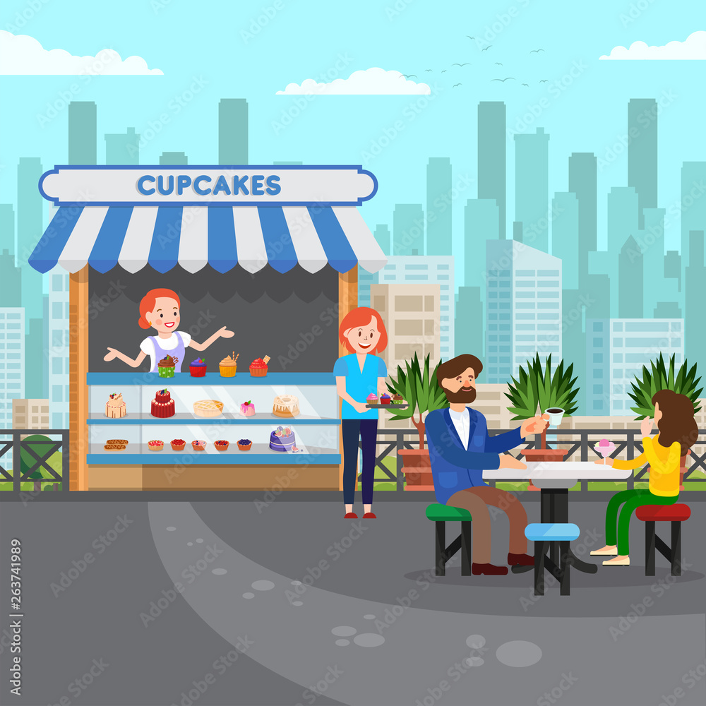 Tasty Cupcakes Small Shop Flat Vector Illustration Tasty Cupcakes Small Shop Flat Vector Illustration
