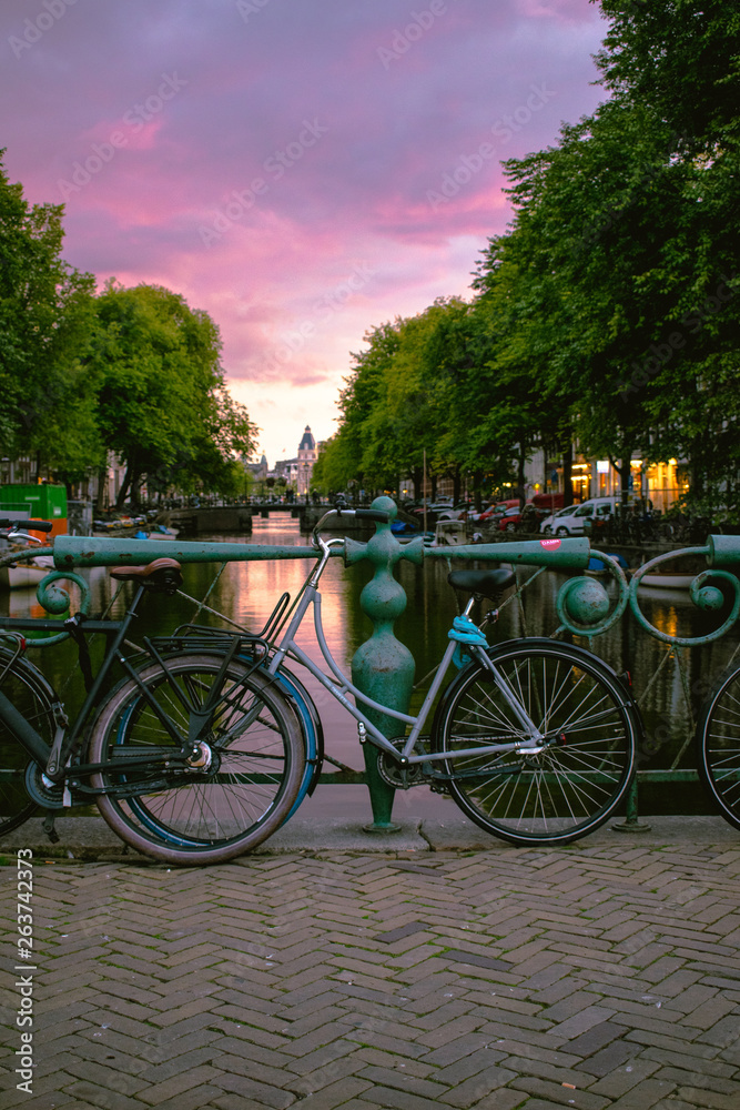 Bicycle at the sunset in Amsterdam, Netherlands