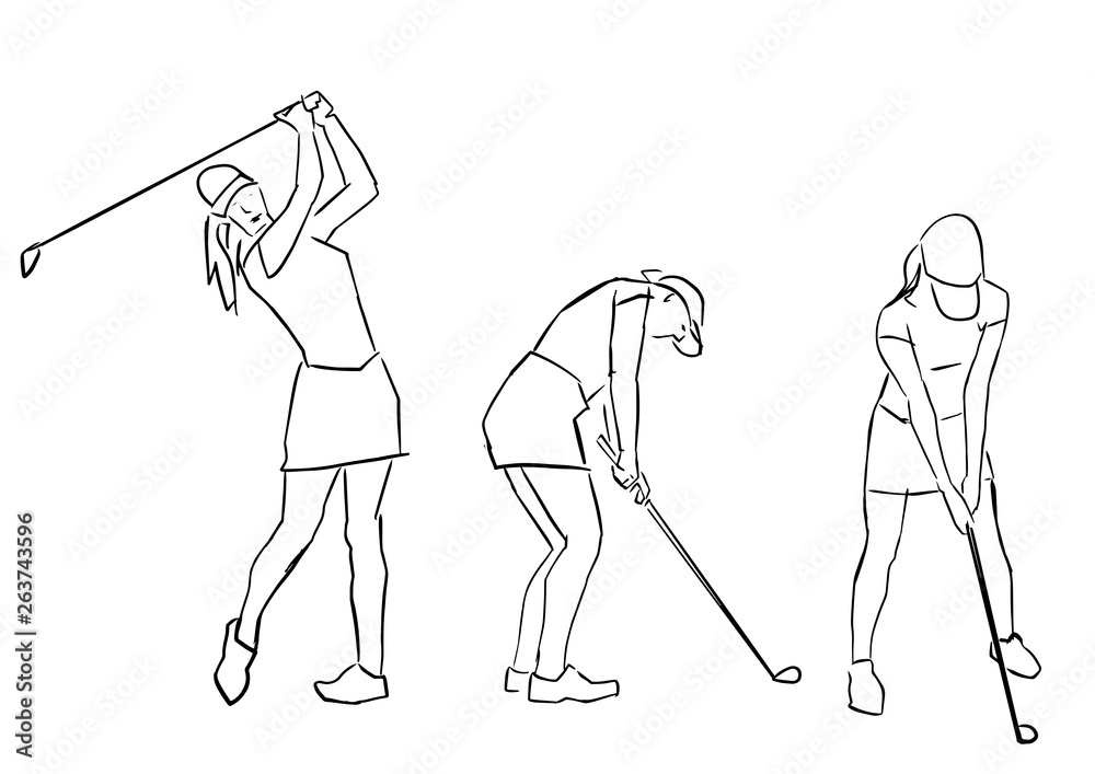 Set of golfer girls. Female golf player in different poses. Hand drawn ...