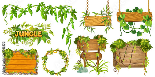 Set game wooden boards and branches liana and tropical leaves. Isolated gui elements plants of jungle and cartoon panels with space for text . Vector illustration on white background. photo