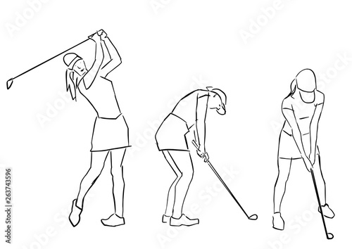 Set of golfer girls. Female golf player in different poses. Hand drawn silhouette. Black lines drawing. Abstract contour. Vector collection. Active recreation.
