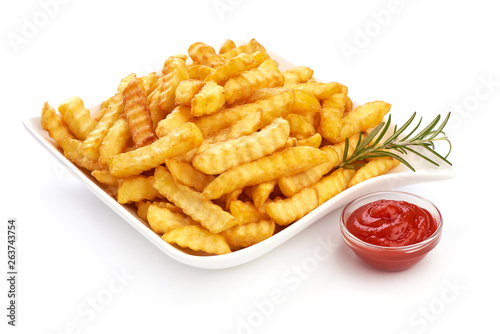 Fried French fries, potato fry with tomato sauce, close-up, isolated on white background