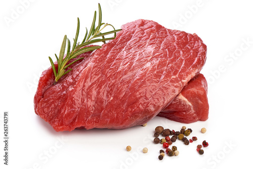 Fresh raw beef steak with rosemary, sliced meat, close-up, isolated on white background