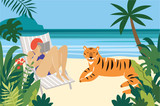 young woman reading book and tiger on the beach. Vector summertime cartoon illustration