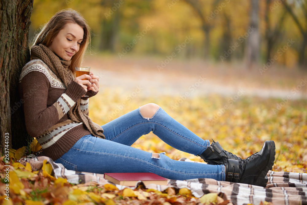 Girl in the autumn park on a warm blanket and with hot tea. Concept of autumn warmth, atmosphere and comfort