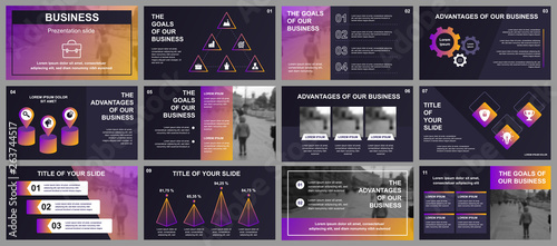 Business presentation slides templates from infographic elements. Can be used for presentation template, flyer and leaflet, brochure, corporate report, marketing, advertising, annual report, banner.