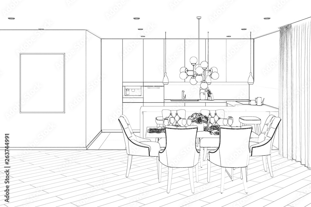 Interior design modern loft dining room custom drawing Interior design  modern loft dining room drawing 3d illustration  CanStock