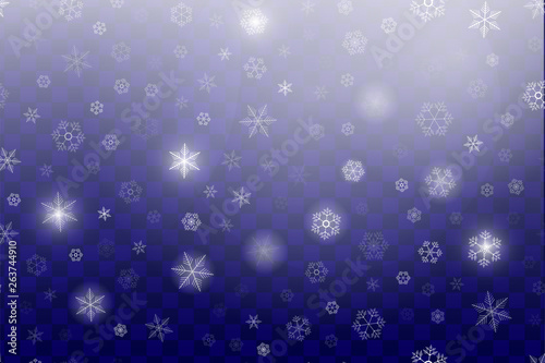 White snowflakes on a blue transparent background. Vector illustration