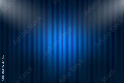 Entertainment curtains background for movies. Beautiful blue theatre folded curtain drapes on black stage. Vector illustration.