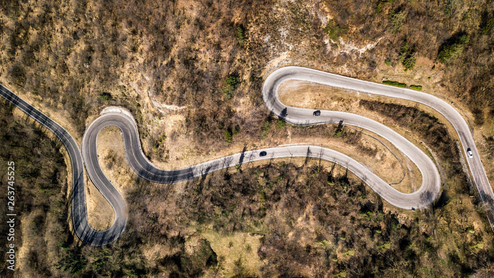 vista aerea di una strada di montagna a tornanti che ricorda un lungo ...