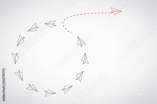 Think differently concept. Red airplane changing direction. Vector illustration	