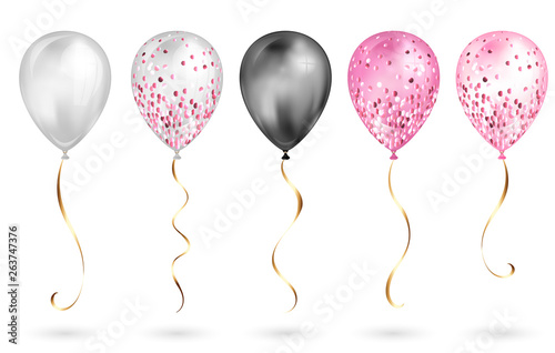 Set of 5 shiny black and pink realistic 3D helium balloons for your design. Glossy balloons with glitter and gold ribbon, perfect decoration for birthday party brochures, invitation card 