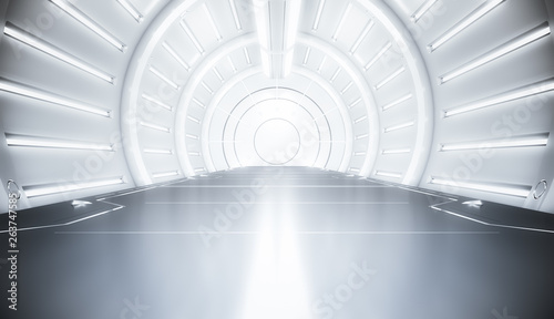 Futuristic white tunnel with light. Long corridor interior view. Future sci-fi background concept. 3D rendering.