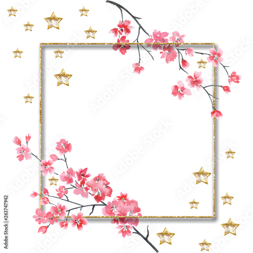 Isolated delicate floral wreath. Cherry twigs.