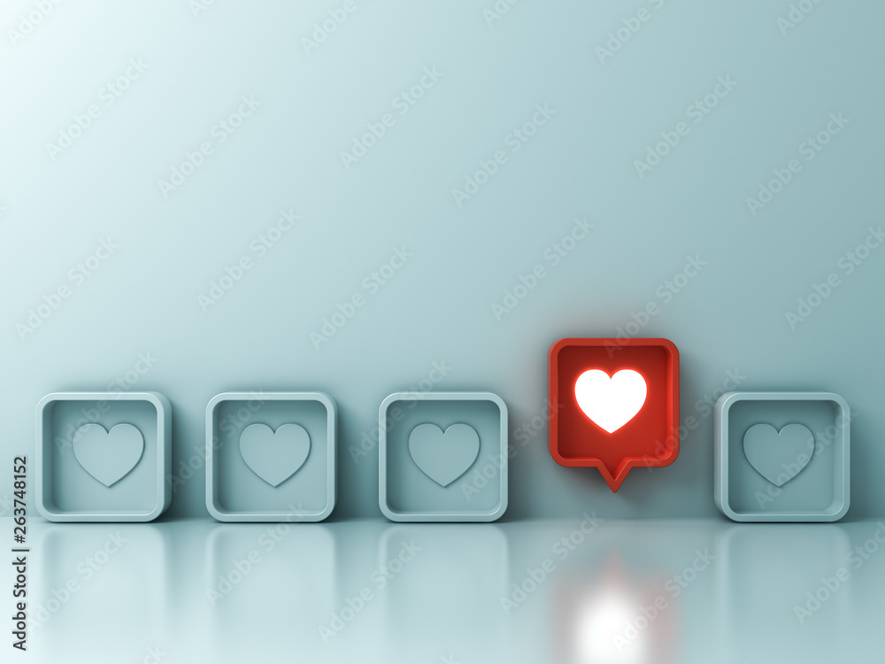 One red social media notification love like heart pin icon pop up from others on light green pastel color wall background Stand out from the crowd and different creative idea concepts 3D rendering