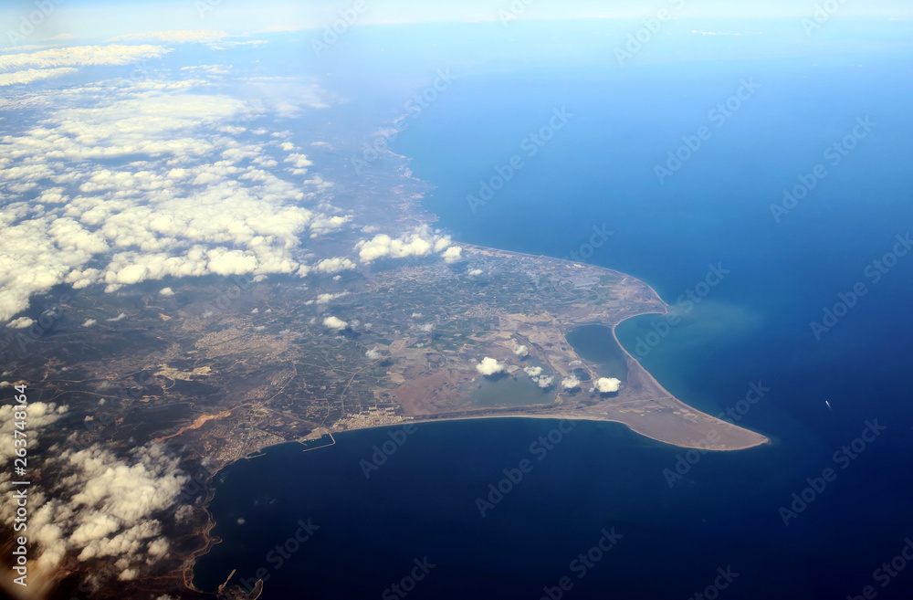 View from an airplane of Turkey. Seacoast line with blue Mediterranean sea
