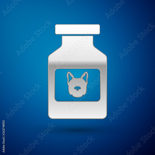 Silver Dog medicine bottle icon isolated on blue background. Container with pills. Prescription medicine for animal. Vector Illustration