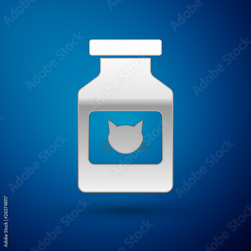 Silver Cat medicine bottle icon isolated on blue background. Container with pills. Prescription medicine for animal. Vector Illustration