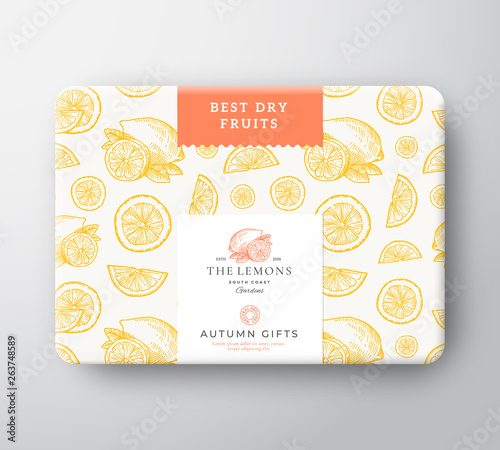 Dried Fruits Citrus Cardboard Box. Abstract Vector Wrapped Paper Container with Label Cover. Packaging Design. Modern Typography and Hand Drawn Lemons and Leaves Background Pattern Layout.