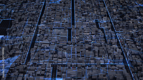 Abstract connection with plexus dots and triangular network. Aerial view above District at dusk. Dark sunset lighting with Futuristic network and technology. 3d render, wireless systems