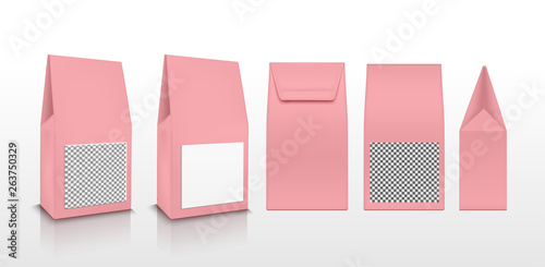 Transparent pink plastic or paper packaging. Sachet for tea, coffee, sweets, cookies and gift