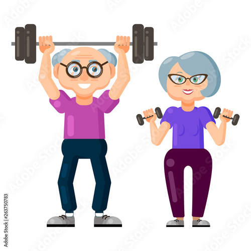 Cute old man and old woman doing fitness exercises with dumbbells and barbell together